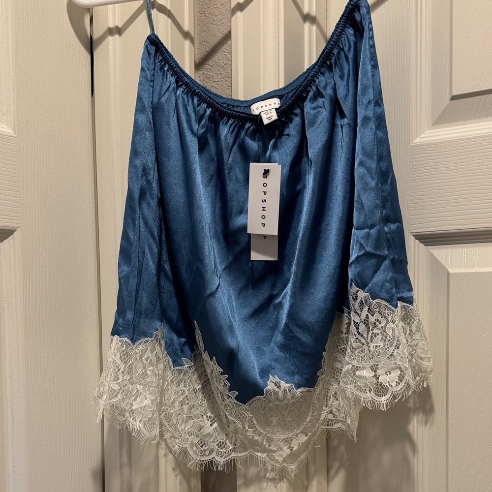 TOPSHOP Blue Satin Lace-Trim Skirt